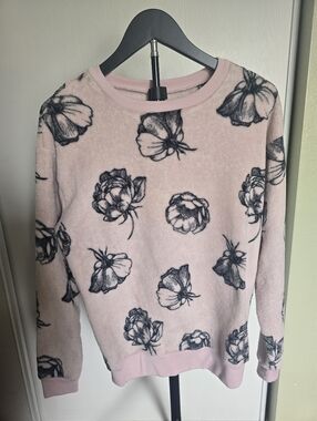 Womens Pink Floral Fleece Crewneck Sweater